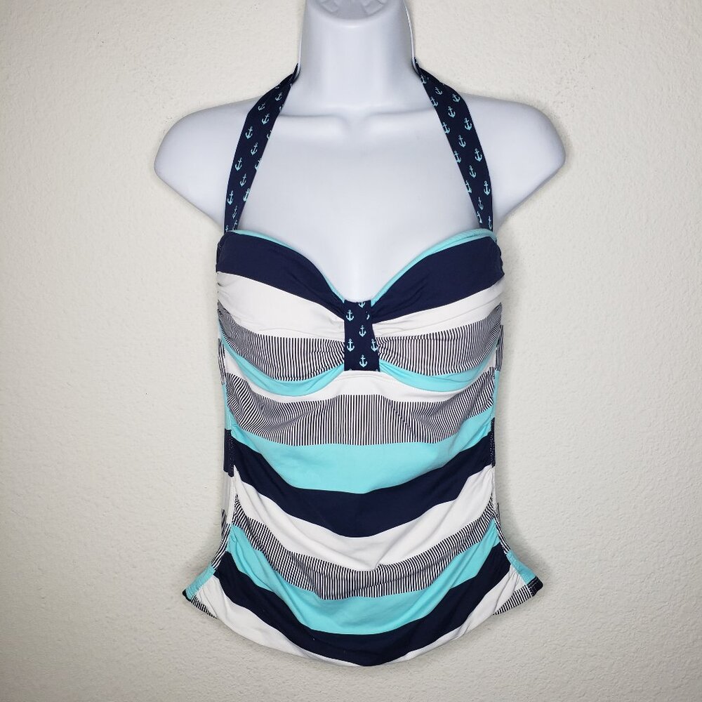Tommy Bahama Navy, White & Aqua Striped Halter Swim Tankini